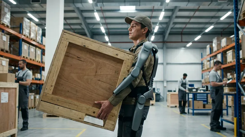 Industrial exoskeletons powered by 'Physical AI' can provide up to 84 pounds of dynamic lift support.