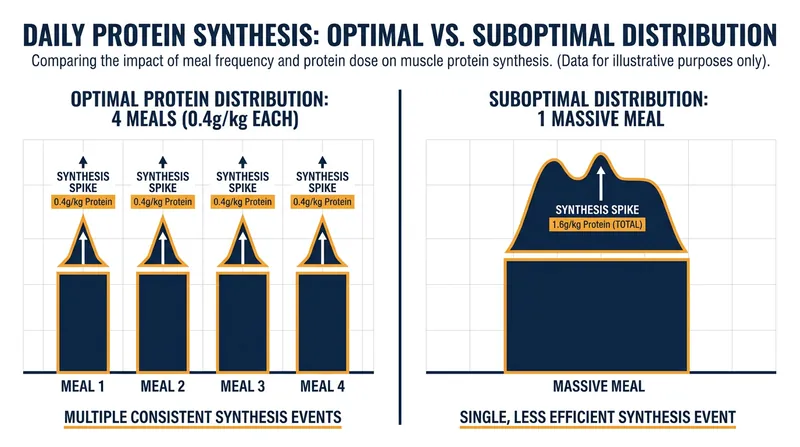 Distributing protein evenly across 3 to 6 meals maximizes the time the body spends in an anabolic state.