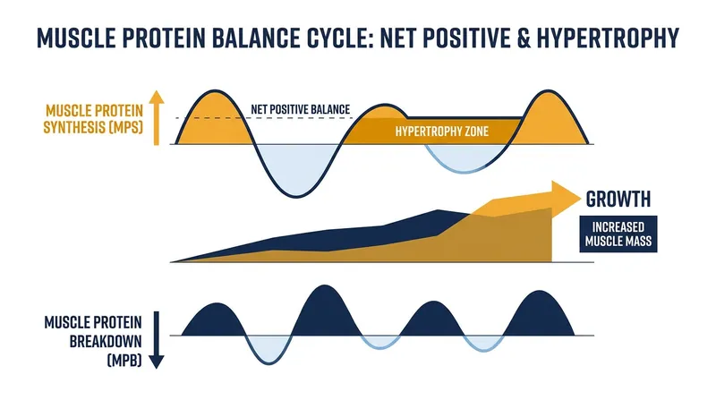 Muscle growth only occurs when the rate of protein synthesis exceeds the rate of breakdown over time.