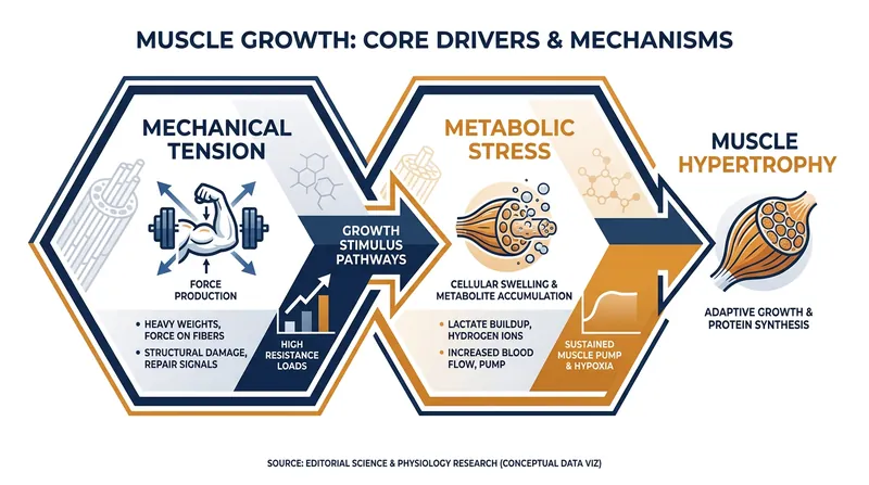 Mechanical tension and metabolic stress activate different cellular pathways that converge to build muscle.