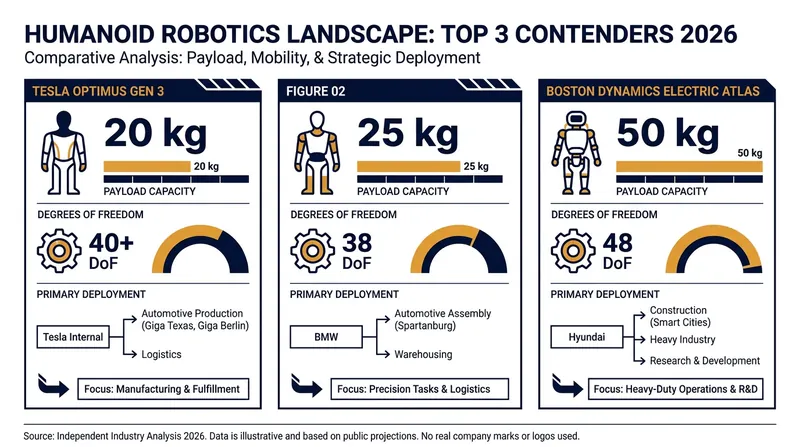 A comparison of the leading humanoid platforms currently deployed in industrial environments.