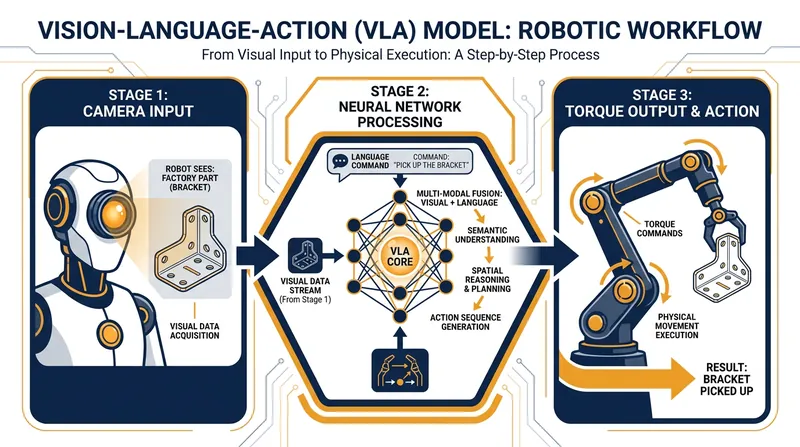 Vision-Language-Action models allow robots to understand their environment and generate physical movements autonomously, without hardcoded programming.