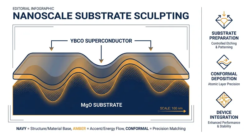 By carving microscopic hills and valleys into the magnesium oxide substrate, researchers force the superconducting layer into a strained, highly stable configuration.