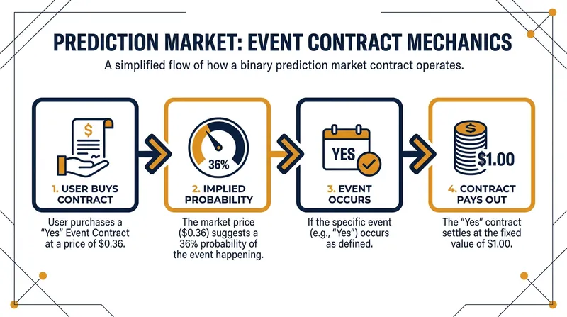 Event contracts are priced between one cent and 99 cents, reflecting the crowd's estimated probability of an outcome.