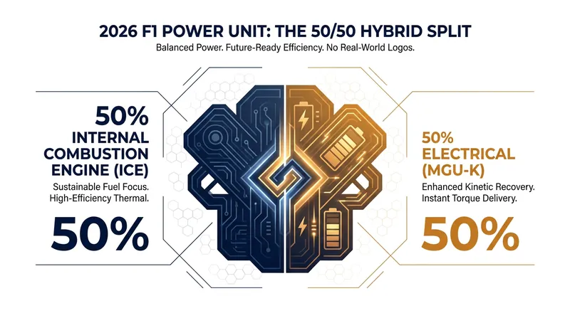 The 2026 power units will rely on a roughly 50/50 split between internal combustion and electrical power.