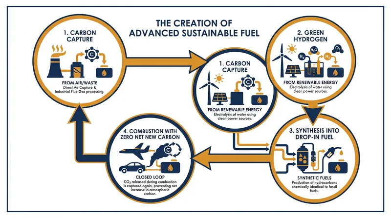 Advanced Sustainable Fuels are created by combining captured carbon with green hydrogen, resulting in a net-zero combustion cycle.