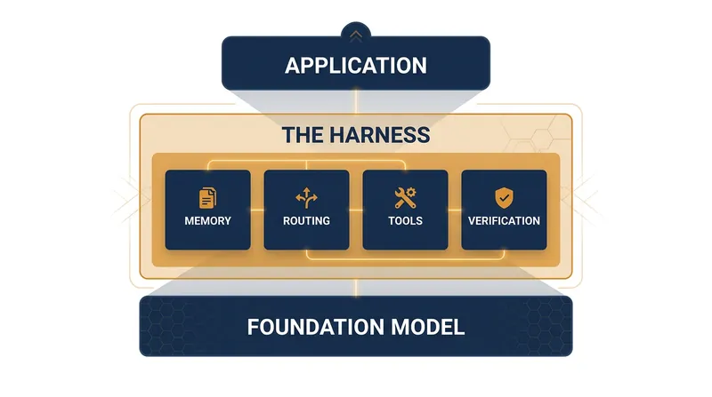 The harness sits between the foundation model and the final application, controlling how the AI behaves.