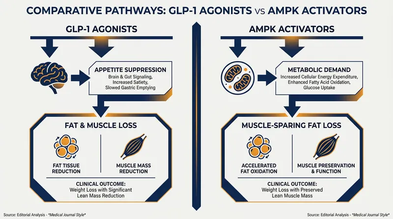 Unlike GLP-1 drugs that suppress appetite, AMPK activators increase metabolic demand, potentially preserving muscle mass.