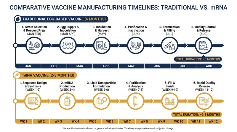 mRNA technology cuts the vaccine manufacturing timeline in half, allowing for more accurate strain selection.