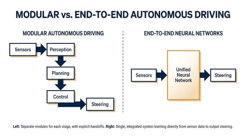 The architectural shift from siloed, modular programming to a unified, end-to-end neural network.