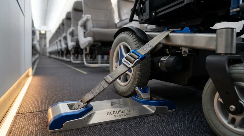 Retractable straps integrated into the cabin floor lock the wheelchair securely in place, meeting rigorous aviation crash standards.