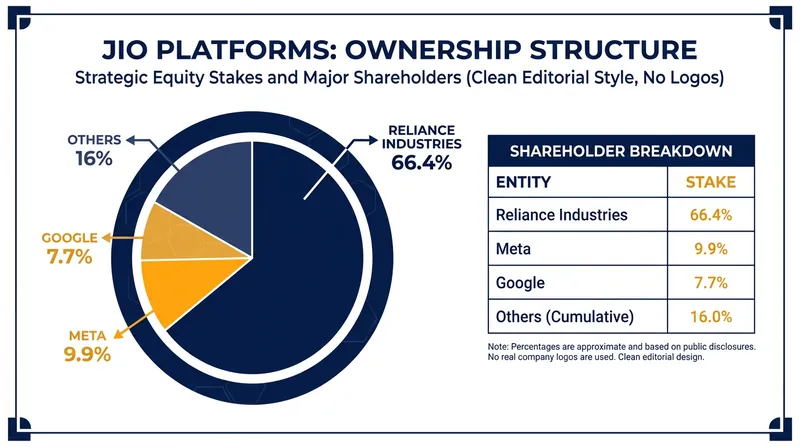 Global technology giants Meta and Google hold significant minority stakes in Jio Platforms.