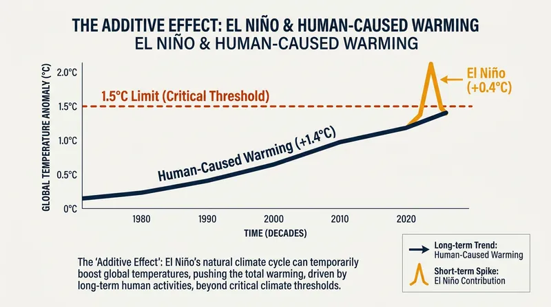 Even if the El Niño mechanism remains unchanged, its temperature spike added to a rising global baseline guarantees record heat.