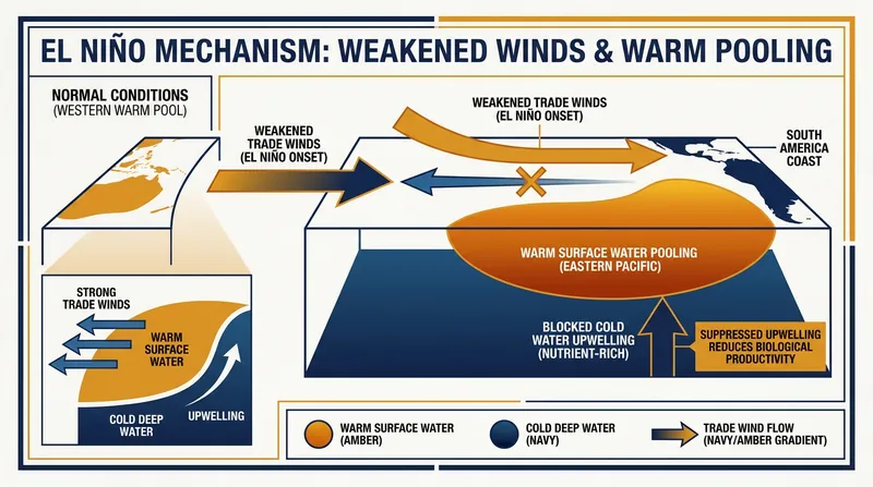 During an El Niño, weakened trade winds allow warm water to pool in the eastern Pacific, altering atmospheric circulation globally.