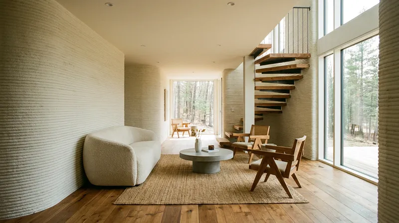 The distinct layered texture of 3D-printed walls is increasingly embraced as a premium architectural feature.