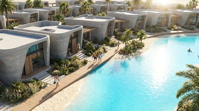 The planned Desperado community in Waco, Texas, will feature 88 3D-printed homes anchored around artificial surf lagoons.