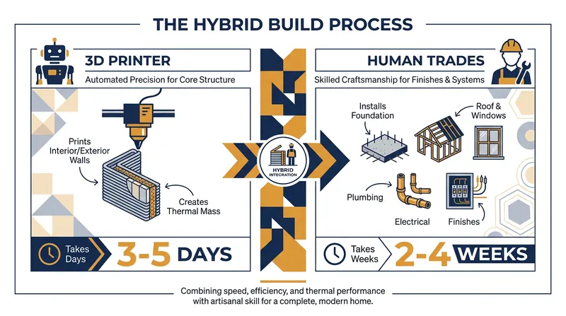 While robots print the structural envelope, human tradespeople are still required to install roofs, utilities, and finishes.