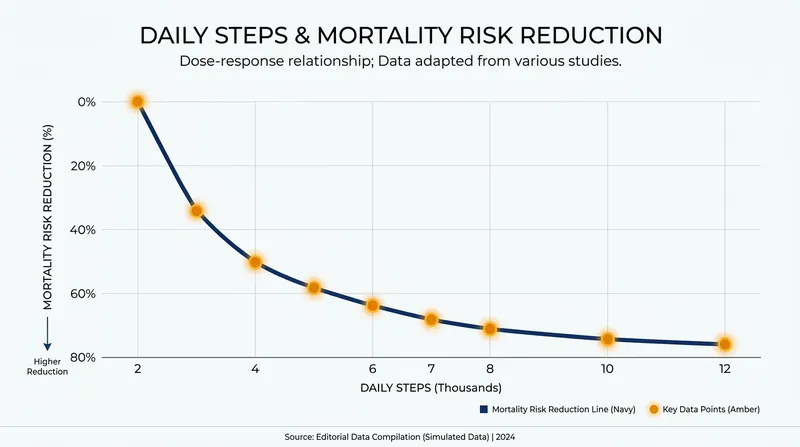 Mortality risk drops significantly at just 4,000 steps, with diminishing returns after 8,000.