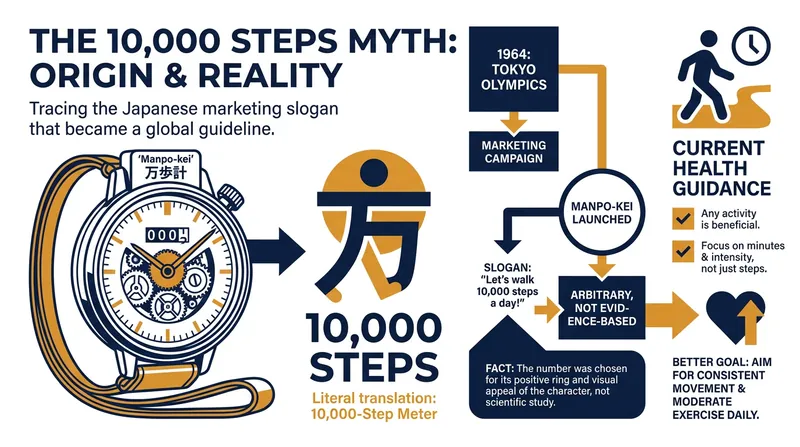 The 10,000-step target originated as a marketing campaign for a Japanese pedometer in 1965.
