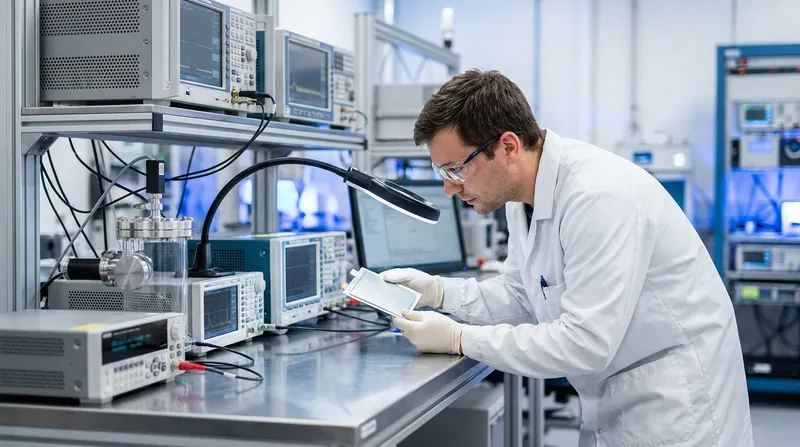 Engineers inspect solid-state battery cells, which use ceramic or polymer electrolytes instead of flammable liquids.