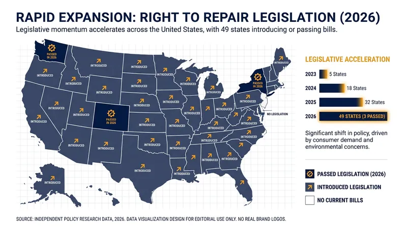 By early 2026, nearly every U.S. state had introduced some form of right-to-repair legislation.