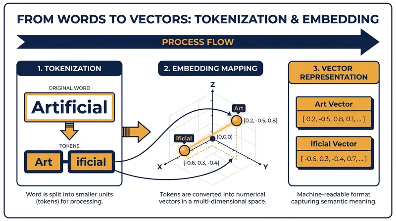 Models break text into tokens and map them into a high-dimensional mathematical space called an embedding.