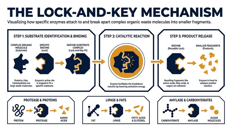 Enzymes act as biological catalysts, breaking down specific types of organic waste into smaller, digestible fragments.
