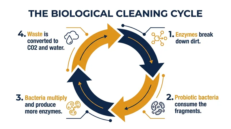 As long as organic waste is present, beneficial bacteria will continue to produce enzymes, creating a continuous cleaning engine.