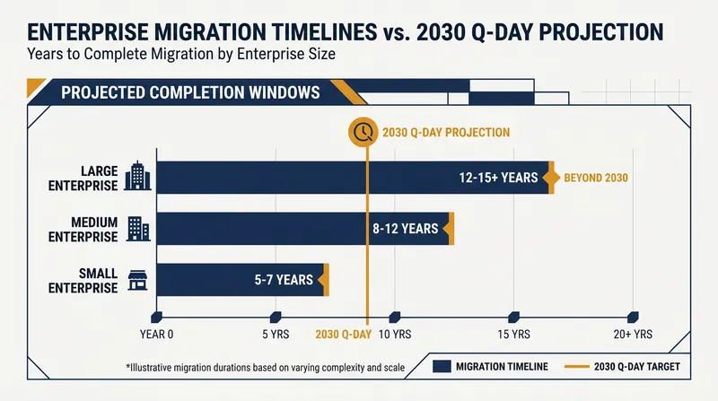 Estimated enterprise migration timelines versus the projected arrival of quantum decryption capabilities.
