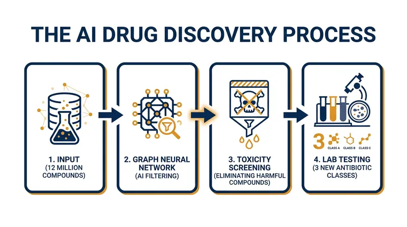 How the Aura-Bio model filtered millions of compounds to find three viable new antibiotic classes in just 39 days.