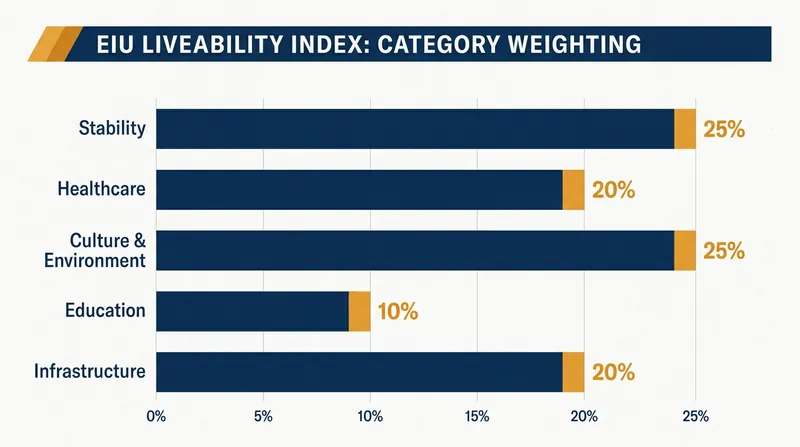The EIU methodology heavily weights stability and infrastructure, favoring highly organized mid-sized cities.