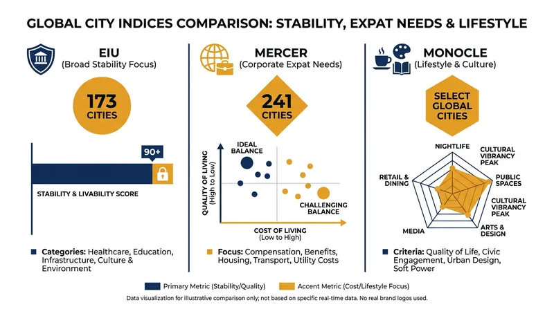 Each major index uses a fundamentally different methodology to define the 'perfect' city.