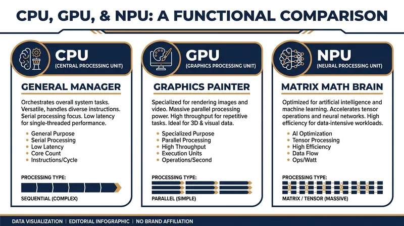 How modern laptops divide processing tasks across three distinct chips.