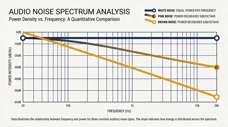The acoustic profiles of white, pink, and brown noise.