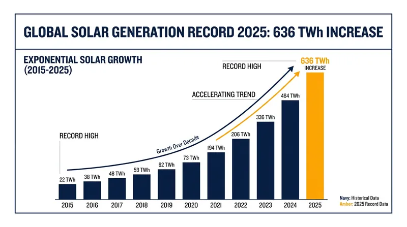 Solar generation grew by 30% in a single year, adding over 630 terawatt-hours to the grid.