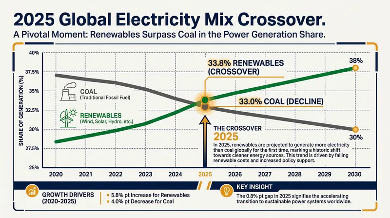 In 2025, the share of global power generated by renewables surpassed coal for the first time.