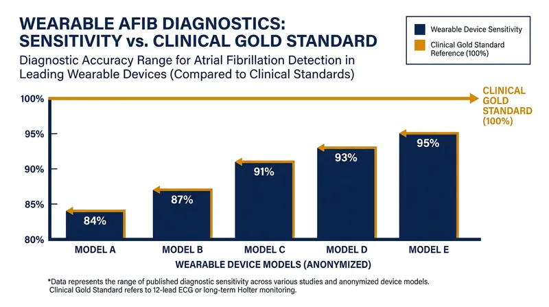 Recent systematic reviews show consumer wearables achieve high sensitivity in detecting irregular heart rhythms like AFib.
