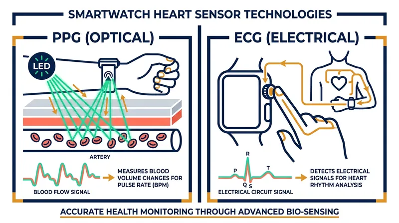 Modern smartwatches utilize both optical light sensors and electrical circuits to monitor heart rhythms.
