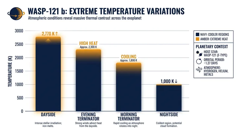Temperatures on WASP-121 b range from a blistering 2,770 K on the dayside to 1,000 K on the nightside.