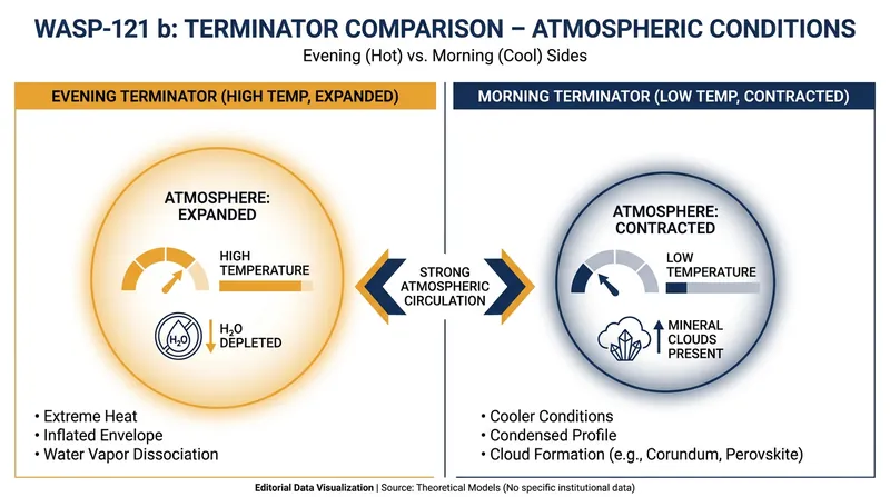 Fierce eastward winds carry dayside heat into the evening terminator, causing the atmosphere to expand and water molecules to break apart.