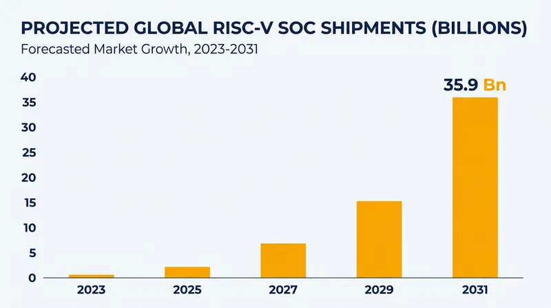Industry analysts project RISC-V chip shipments will reach nearly 36 billion units annually by the start of the next decade.