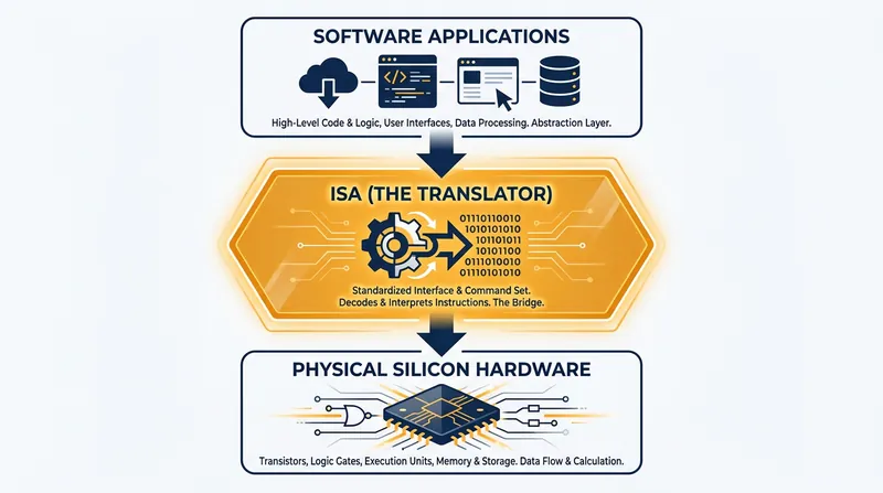An Instruction Set Architecture acts as the crucial translation layer between software code and physical silicon.