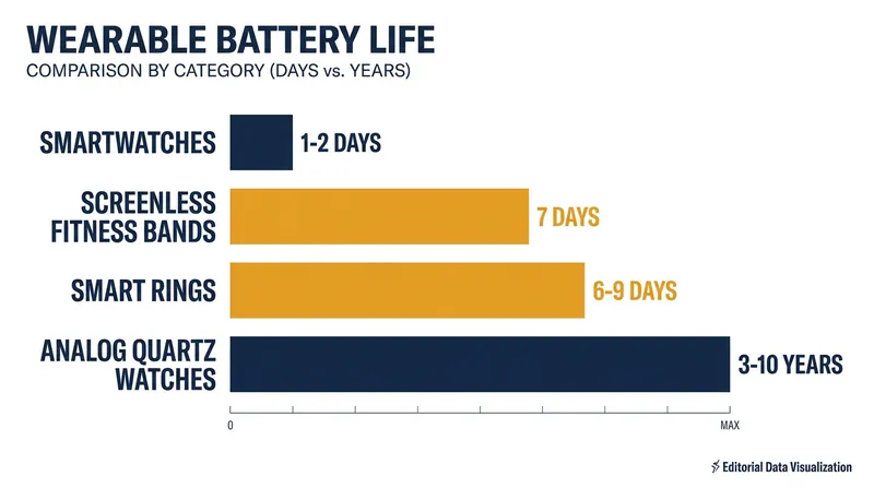 Screen-free devices eliminate the daily charging anxiety associated with modern smartwatches.