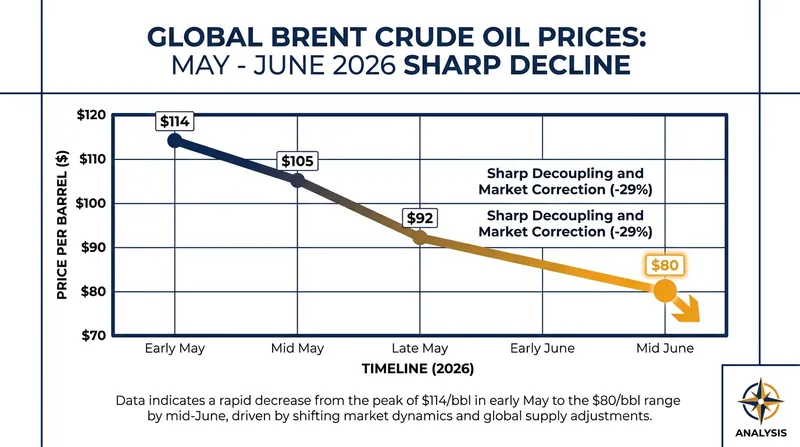 Brent crude prices have plummeted roughly 30% from their conflict-driven peak in May.