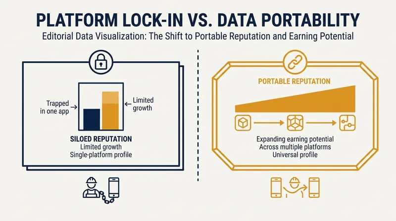 Data portability breaks platform lock-in, allowing workers to leverage their reputation across the broader labor market.