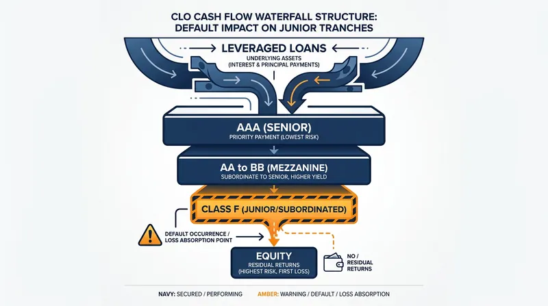 How a CLO waterfall works: Junior tranches like Class F absorb losses first to protect senior investors.