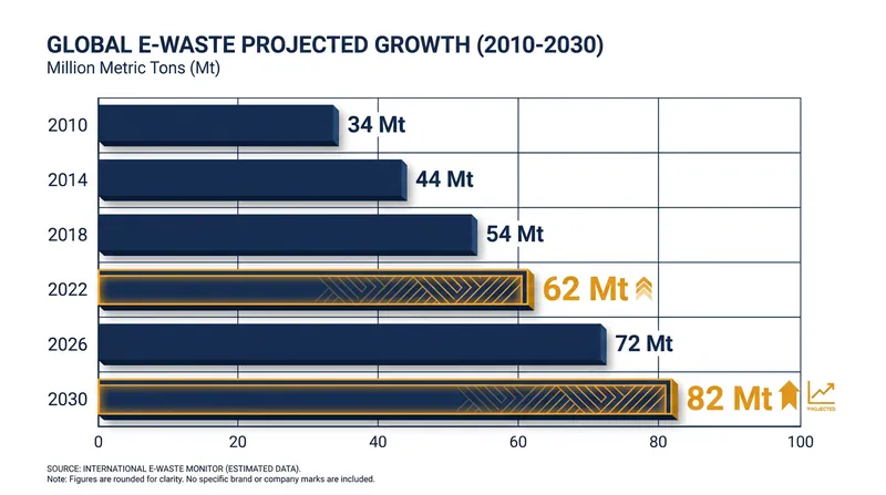 Global electronic waste is projected to reach 82 million metric tons by 2030.