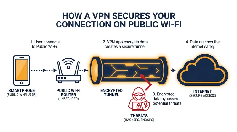 A Virtual Private Network (VPN) encrypts your data, shielding it from local network surveillance.