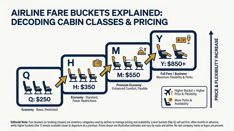 Airlines divide economy cabins into multiple alphabetical fare buckets, each with a fixed price and limited inventory.
