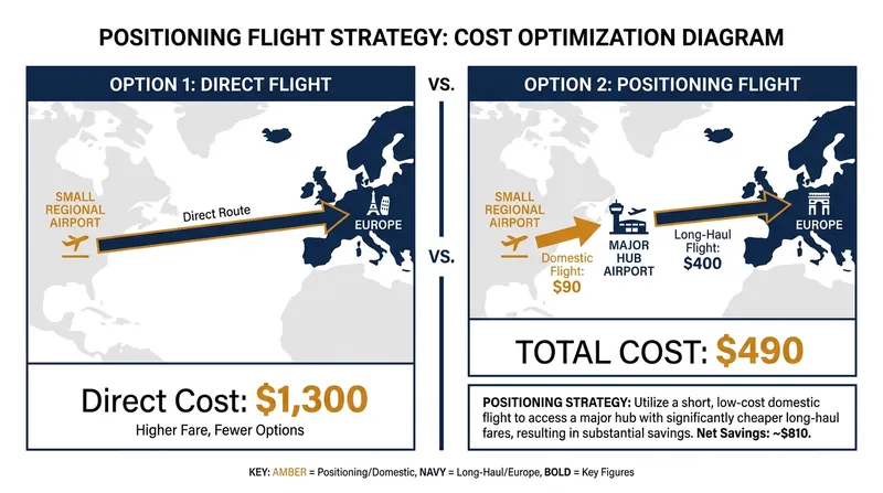 Positioning flights can drastically reduce costs by taking advantage of heavy competition at major international hubs.